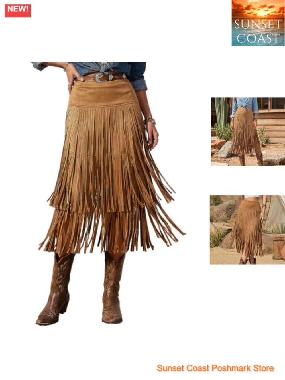 Suede Fringe Skirt High Low Hem Western Cowgirl Midi